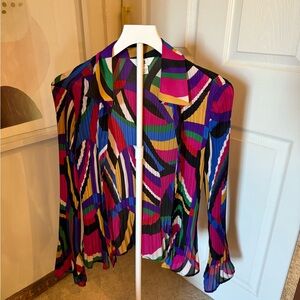 Vintage Pleated Multicolor Geometric Button-Front Women's Top